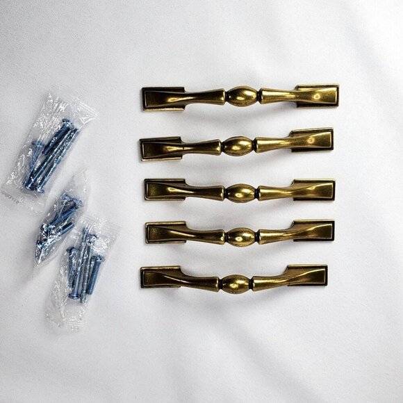 Other - 5 Vintage Brass Drawer Pull Handles With Screws Decorative Antique Finish